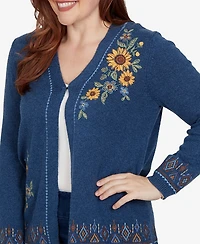 Alfred Dunner Petite V-Neck Long-Sleeve Floral Embroidery Cotton-Blend Cardigan