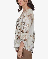 Alfred Dunner Petite Floral-Print 3/4-Sleeve V-Neck Blouse