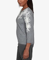 Alfred Dunner Petite Keyhole Floral-Embroidery 3/4-Sleeve Pullover