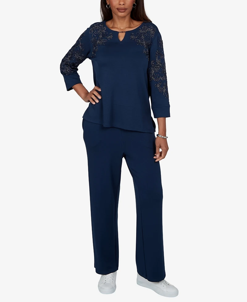 Alfred Dunner Petite Embellished Keyhole Neck 3/4-Sleeve Top