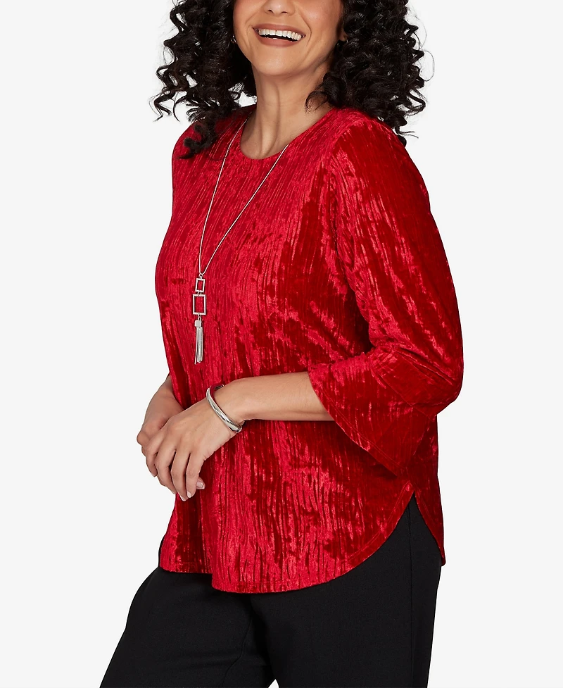 Alfred Dunner Petite Velvet Crewneck 3/4-Sleeve Blouse