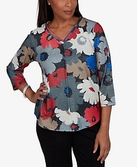 Alfred Dunner Women's Petite Floral 3/4-Sleeve V-Neck Top