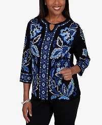 Alfred Dunner Petite 3/4-Sleeve Floral-Geometric Henley Pullover Sweater