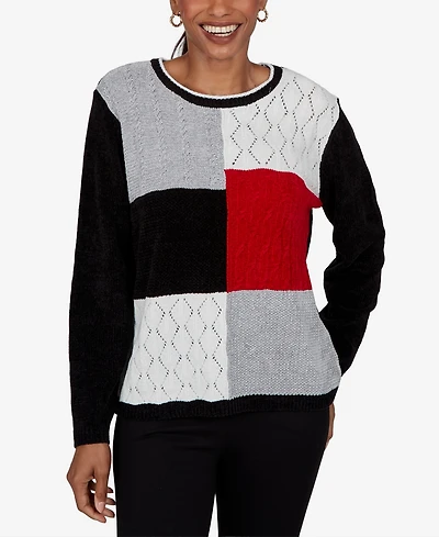Alfred Dunner Women's Petite Colorblock Cable-Knit Long-Sleeve Crewneck Pullover
