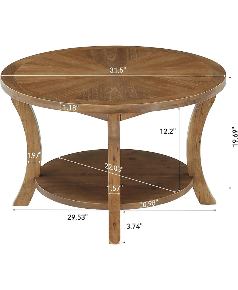 Tribesigns 31.5 Round Solid Wood Coffee Table: 2-tier storage shelf with curved legs. Farmhouse center table for living room