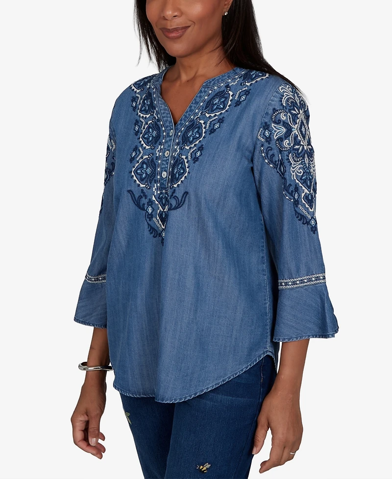 Alfred Dunner Women's Woven Split V-Neck 3/4-Sleeve Button-Front Blouse