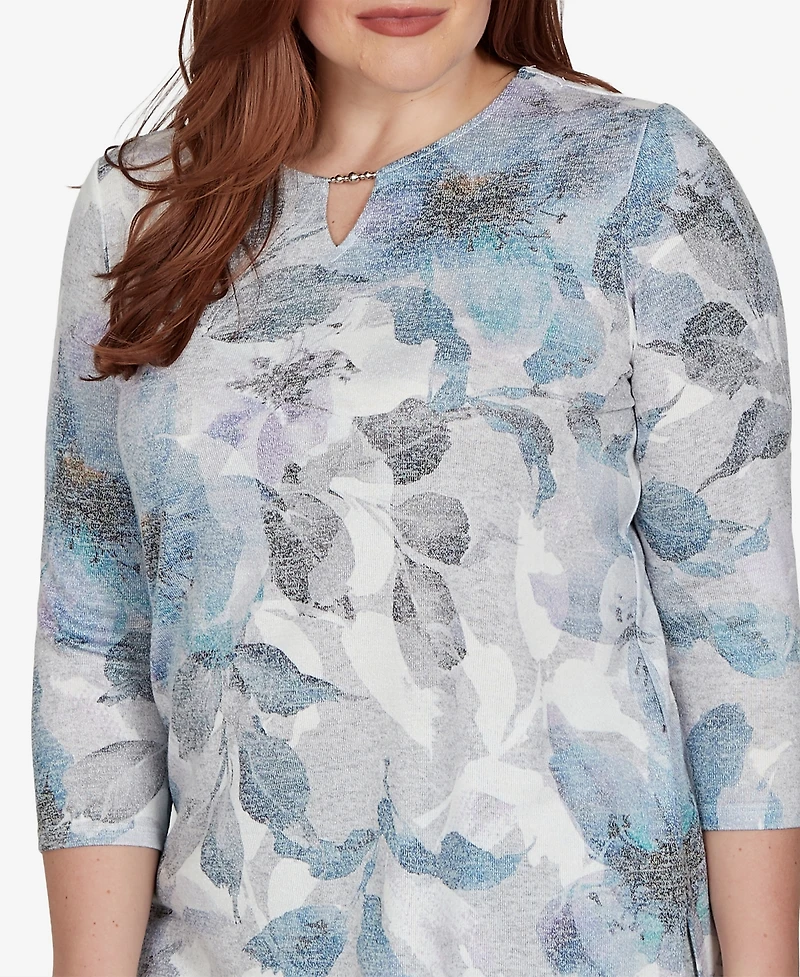Alfred Dunner Women's Floral 3/4-Sleeve Keyhole-Neck T-Shirt