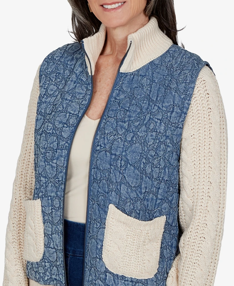 Alfred Dunner Women's Quilted Cable-Knit Mock Neck Jacket
