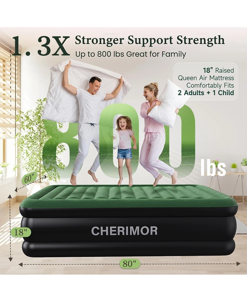 Cherimor 20.5" Pillow Top Queen Air Mattress, Built-in Pump and Pillow, 800 lb Support