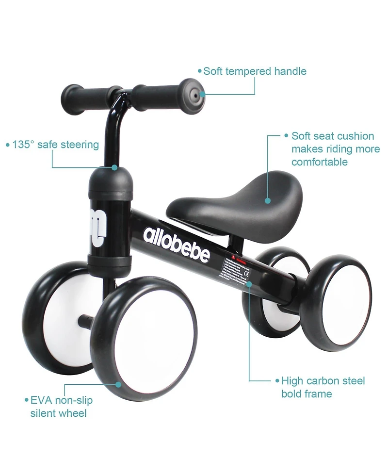 Allobebe Baby Balance Bike 4-Wheel Ride-On with Adjustable Seat & Silent Wheels, Ages 12-30 Months