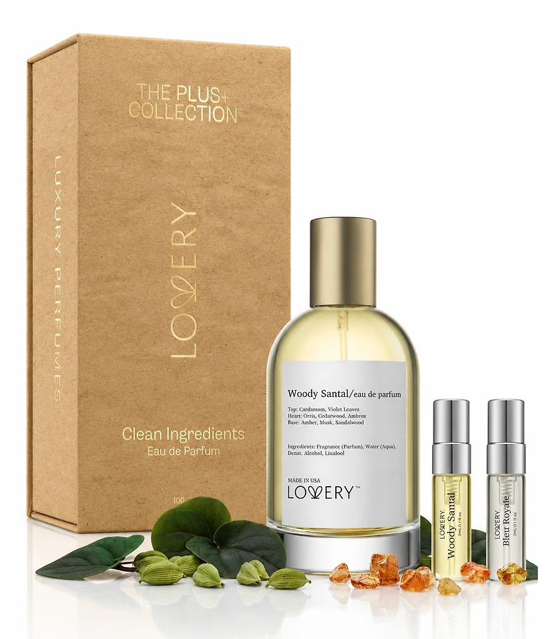 LoveryPlus Woody Santal Eau de Parfum 3pc Gift Set - 3.4fl oz Women Perfume Gift Set with 2 Mini Perfumes
