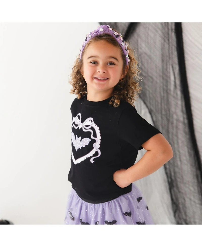 Sweet Wink Little Girls Rhinestone Bat Patch Halloween Short Sleeve T-Shirt