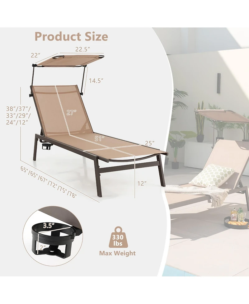Gymax 2Pieces 6-Position Recliner Lounge Outdoor Adjustable Reclining Chair Poolside