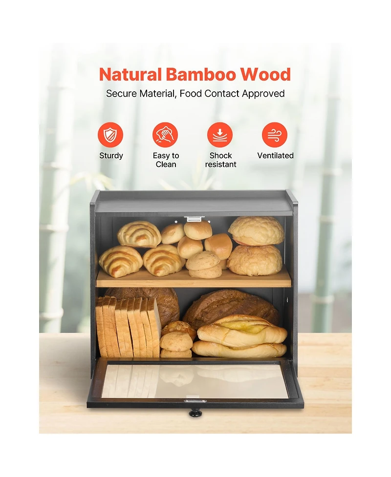 Sugift Double Layer Bamboo Bread Box with Acrylic Wave Door and Adjustable Middle Shelf