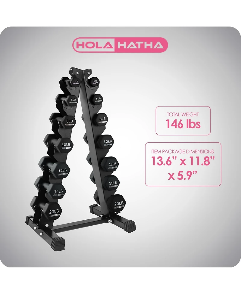 HolaHatha 146 Pound Neoprene Dumbbell Full Body Weight Set with Storage Rack