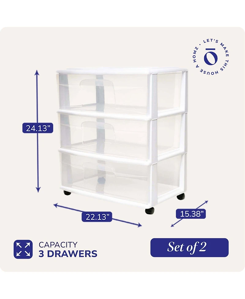 Homz Plastic 3 Clear Drawer Small Rolling Storage Container Tower, White, 2 Pack