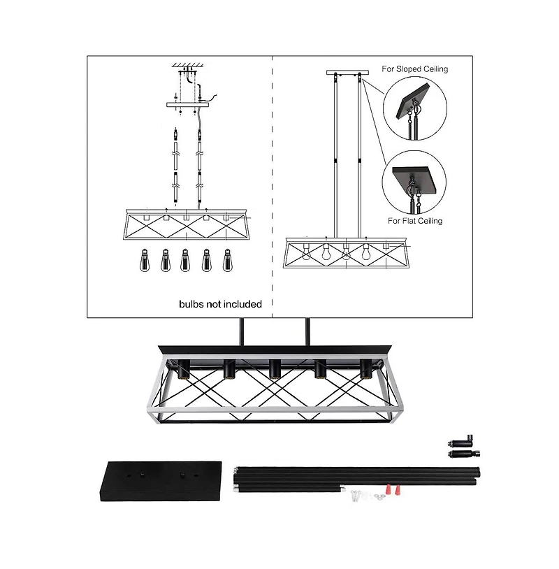 Clihome 32" Rectangle Industrial 5-Light Pendant Chandelier With Adjustable Hanging Light
