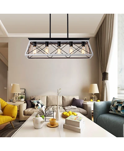 Clihome 32" Rectangle Industrial 5-Light Pendant Chandelier With Adjustable Hanging Light