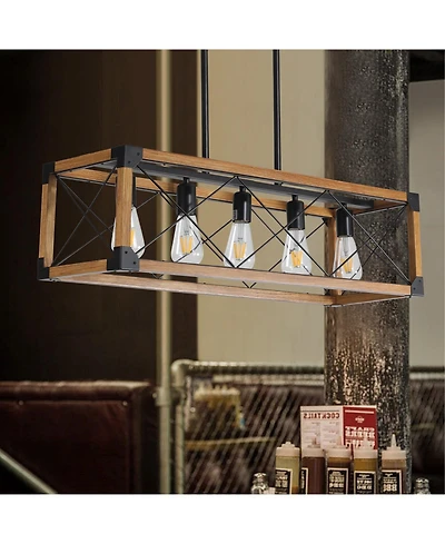 Clihome 32" Walnut Industrial Farmhouse Rectangle Pendant Light, 5-Light Chandelier