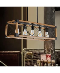Clihome 32" Walnut Industrial Farmhouse Rectangle Pendant Light, 5-Light Chandelier