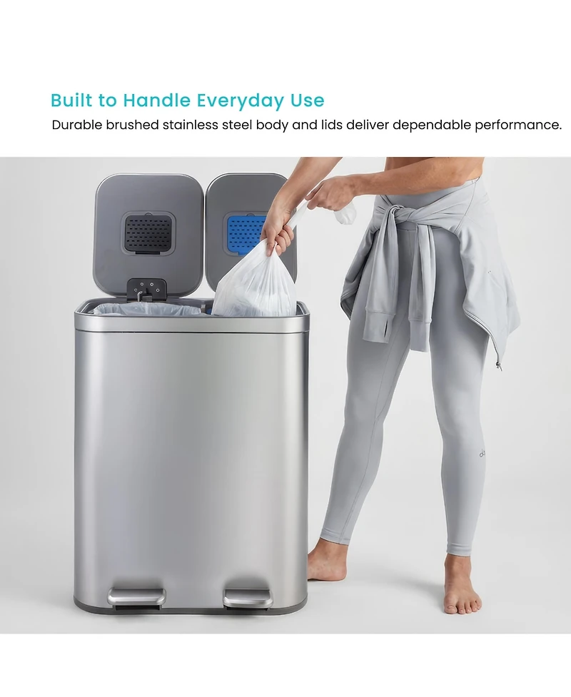 Home Zone Living 13 Gallon Dual Compartment Kitchen Trash Can with Recycling, Soft-Close Lids and Bag Storage, Brushed Stainless Steel, Silver