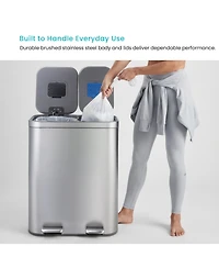 Home Zone Living 13 Gallon Dual Compartment Kitchen Trash Can with Recycling, Soft-Close Lids and Bag Storage, Brushed Stainless Steel, Silver