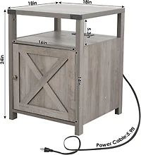 Vabches Farmhouse Nightstand with Charging Station (2 Ac/2 Usb), Rustic End Table Besides Table for Bedroom