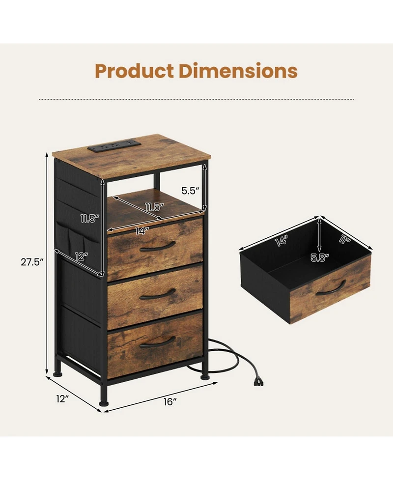 Sugift 27.5 Inch Nightstand with Charging Station 3 Fabric Drawers and Open Compartment Bedside Tower