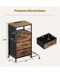 Sugift 27.5 Inch Nightstand with Charging Station 3 Fabric Drawers and Open Compartment Bedside Tower