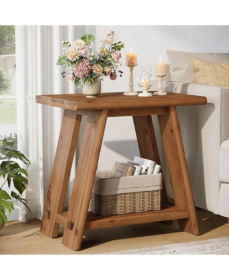 Tribesigns Solid Wood Side Table with 2-Tier Storage