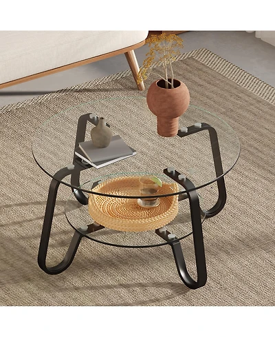 Flynama 31.5 Inch Retro Double-Layer Tempered Glass Coffee Table, Metal Frame Compact Accent Table for Home Office