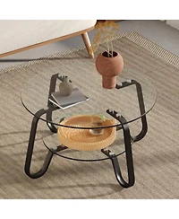 Flynama 31.5 Inch Retro Double-Layer Tempered Glass Coffee Table, Metal Frame Compact Accent Table for Home Office