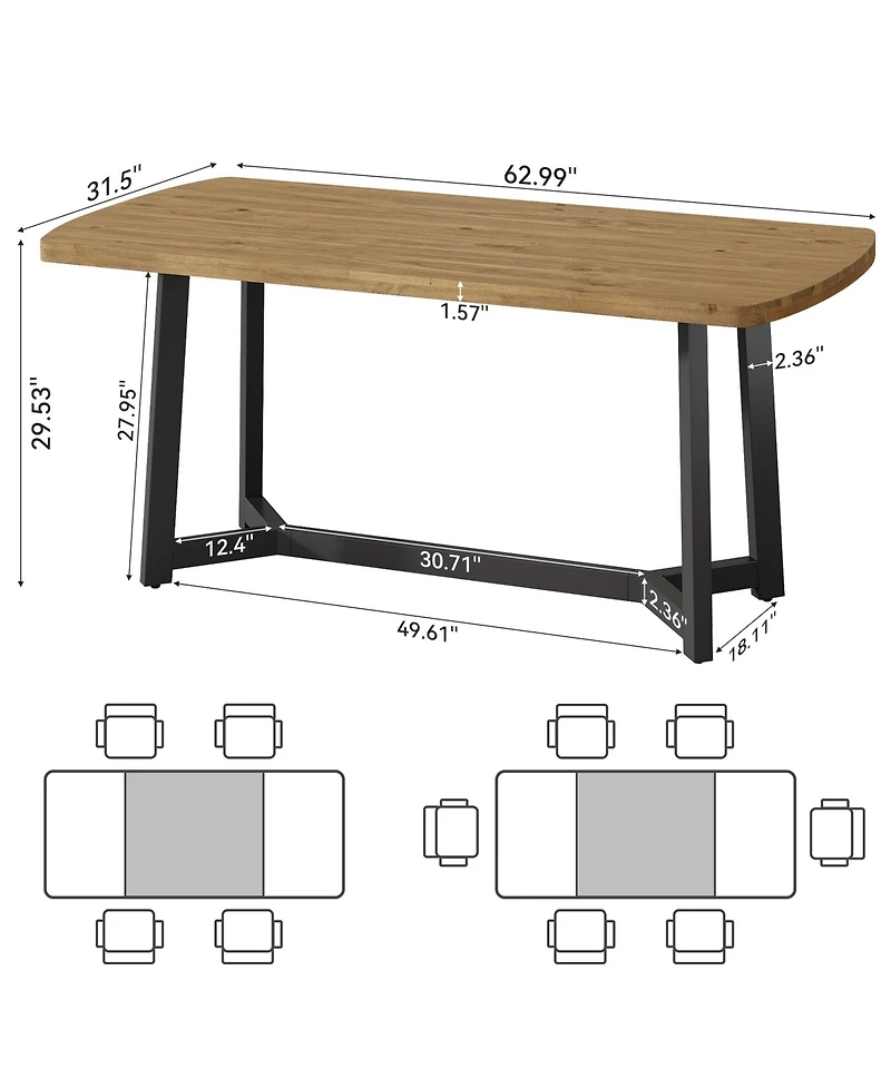 Tribesigns 63" Farmhouse Pine Solid Wood Dining Table with Metal Frame