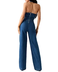 Guess Women's Val Halter V-Neck Wide-Leg Denim Jumpsuit