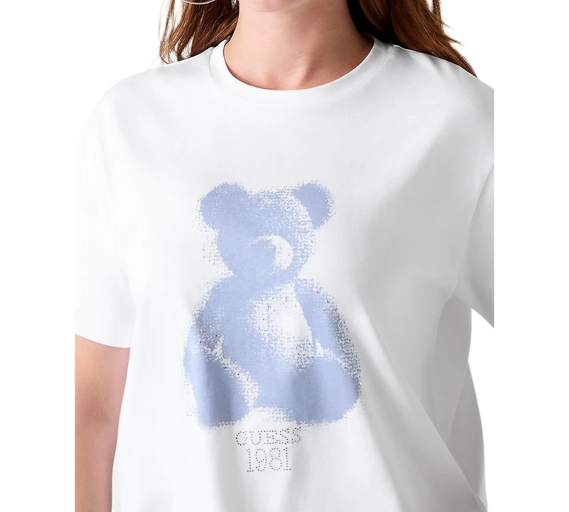 Guess Women's Bear Crewneck Rhinestone-Graphic T-Shirt