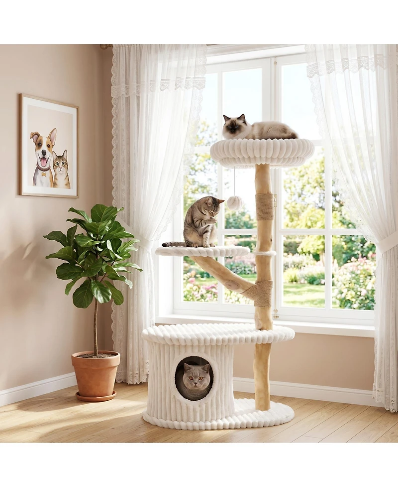 Gymax 41 Inch Tall Modern Cat Tower with Real Wood Branches Scratching Posts Cozy Bed