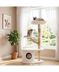 Gymax 41 Inch Tall Modern Cat Tower with Real Wood Branches Scratching Posts Cozy Bed