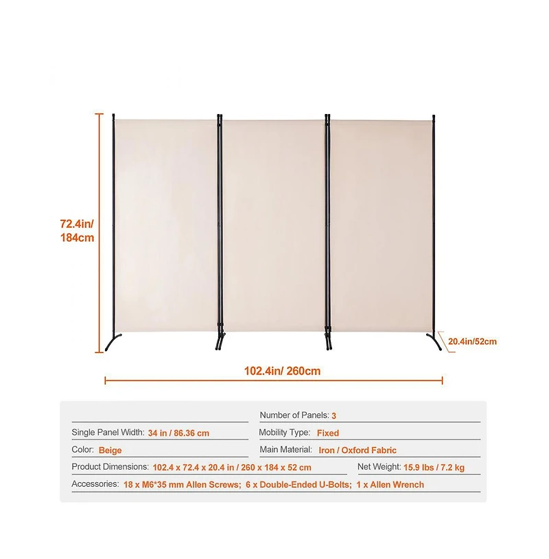 Slickblue Folding Room Divider 3 Panel Privacy Screen, Freestanding Partition for Bedroom Study Office