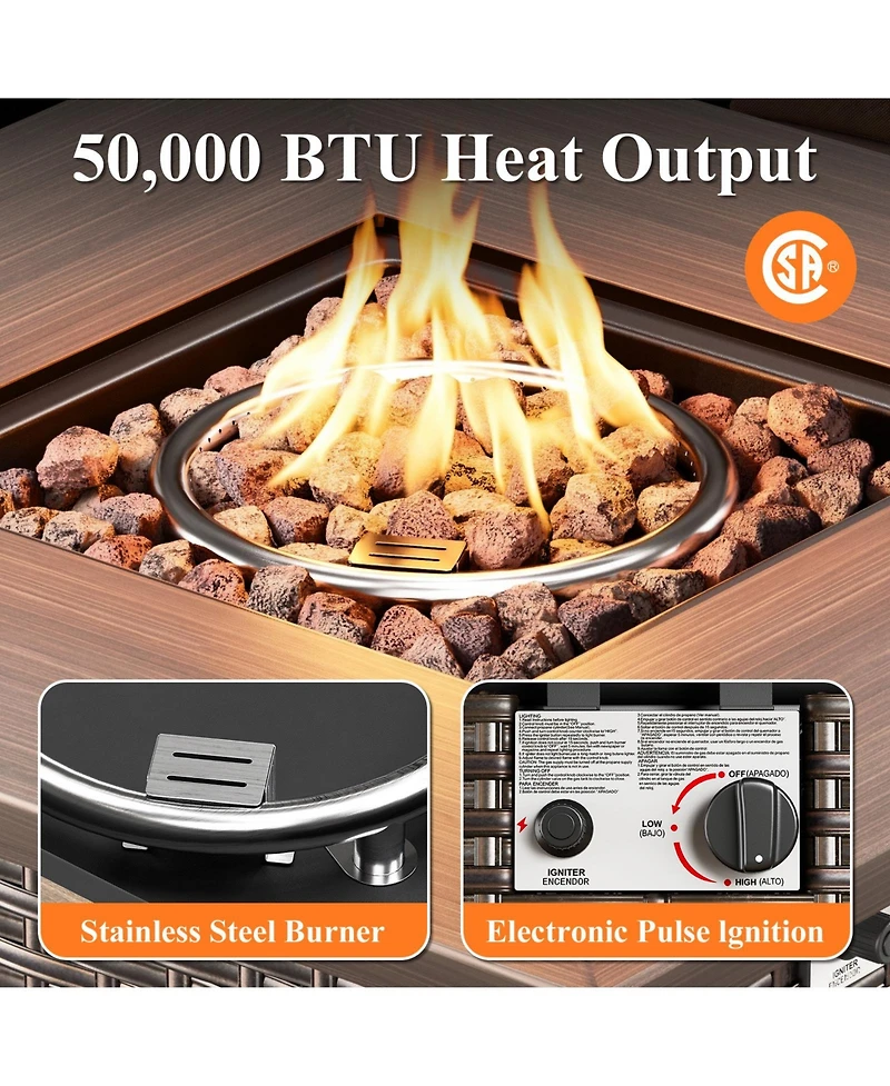 Pocassy 30" Outdoor Square Rattan Propane Gas Fire Pit Table for Outside