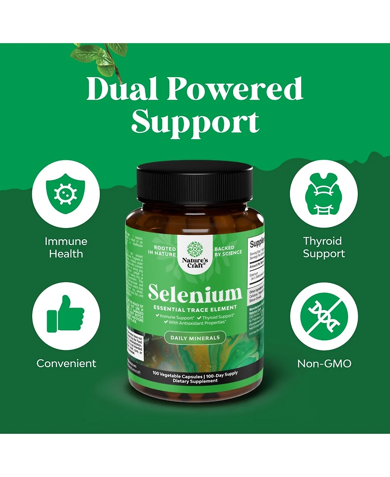 Nature's Craft Selenium 200mcg Capsules, High Potency Selenium Supplement for Immune Support, Antioxidant and Thyroid Support Trace Mineral, 100 Count