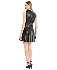 Donna Morgan Women's Faux Leather Extended Shoulder Mini Fit And Flare Dress