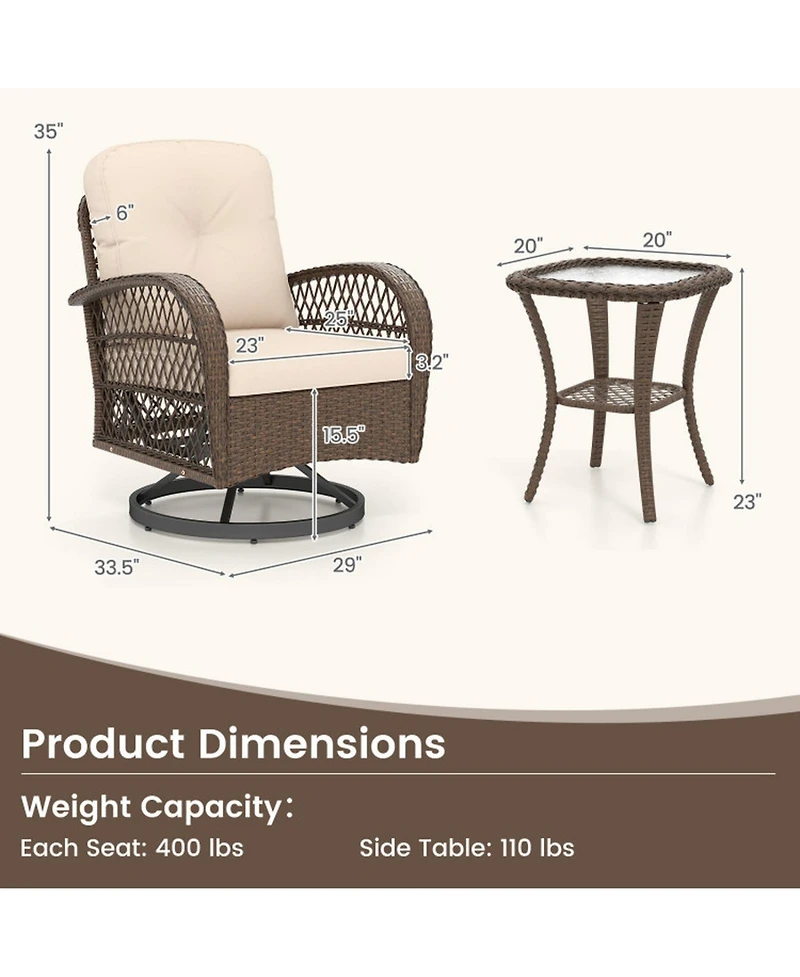 Gouun Outdoor Swivel Rocker Set with Glass Top Table and Thick Cushions