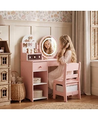 Kinder King Led-Lighted Mirror Vanity Set with Storage Drawer and Stool, 2-Piece, Ages 3+
