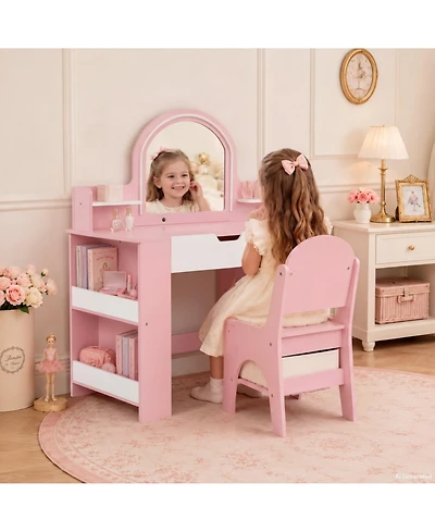 Kinder King Led-Lighted Mirror Vanity Set with Storage Drawer and Stool, 2-Piece, Ages 3+