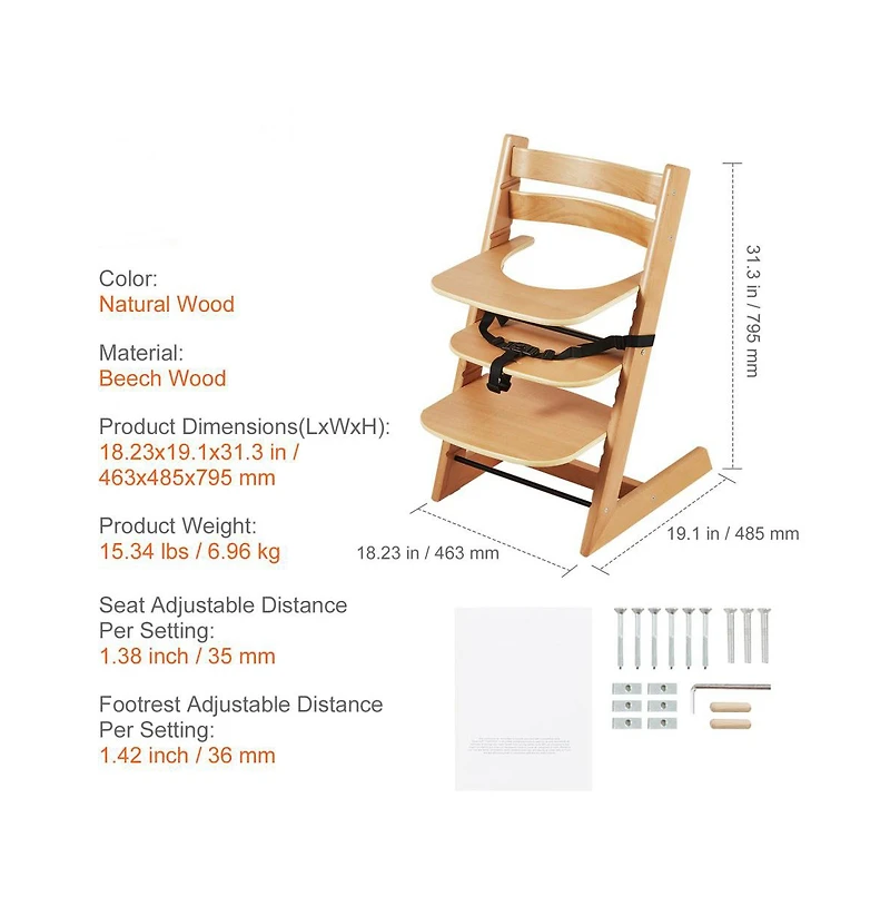 Slickblue Kids Grow With Wooden High Chair, Portable Feeding Seat with Adjustable Height and Footrest-Light Brown