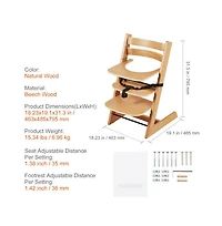 Slickblue Kids Grow With Wooden High Chair, Portable Feeding Seat with Adjustable Height and Footrest-Light Brown