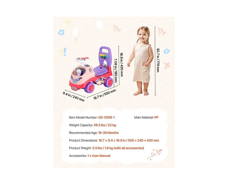 Yobtop Ride On Toddler Push Car - Horn and Music, Under-seat Storage, Foot-to-Floor Walker, 48.5 lbs Load Capacity, for Boys Girls 19-36 Months