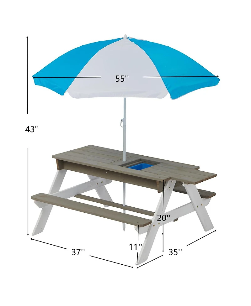 Yobtop Wooden 3-in-1 Sand and Water Picnic Table with Umbrella, Seats 4, Ages 3-8