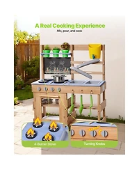 Yobtop Mud Kitchen Wooden Outdoor Playset with 4 Stoves & 2 Sinks, Ages 3+