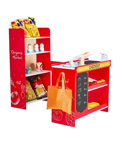 Yobtop Kids Grocery Store Playset,Toy with Cash Register and Scanner, Working Conveyor Belt,35 Fruit and Vegetable Accessories,Pretend Play for Kids